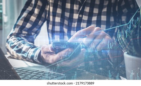 Smart Caucasian Businessman Hand Touch Invisible Stock Chart Market Screen Dark Background Business Financial Ideas Concept