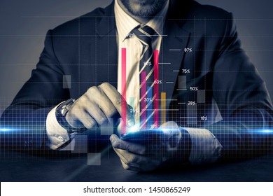 smart caucasian businessman white collar hand hold smartphone double exposure with financial stock chart busines financial ideas concept
