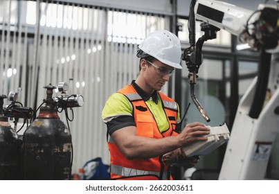 Smart Caucasian engineer work setup AI automated in robotics electronics engineering laboratory. Technician inspector maintenance repair check robot arm machine in artificial intelligent laboratory.