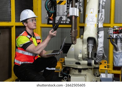 Smart Caucasian engineer work setup AI automated in robotics electronics engineering laboratory. Technician inspector maintenance repair check robot arm machine in artificial intelligent laboratory.