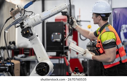 Smart Caucasian engineer work setup AI automated in robotics electronics engineering laboratory. Technician inspector maintenance repair check robot arm machine in artificial intelligent laboratory.