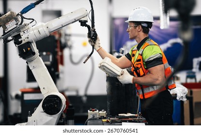 Smart Caucasian engineer work setup AI automated in robotics electronics engineering laboratory. Technician inspector maintenance repair check robot arm machine in artificial intelligent laboratory.