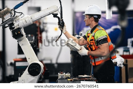 Smart Caucasian engineer work setup AI automated in robotics electronics engineering laboratory. Technician inspector maintenance repair check robot arm machine in artificial intelligent laboratory.