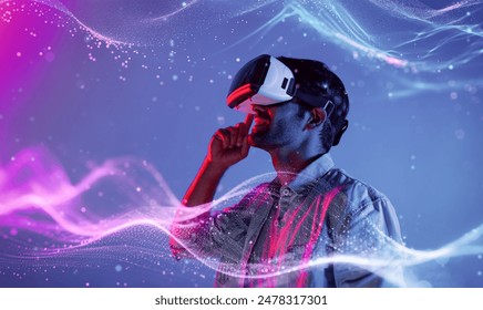 Smart caucasian man wearing VR glasses while standing at neon light. Skilled person using visual reality goggle to connect metaverse or visual world program by using technology innovation. Deviation. - Powered by Shutterstock