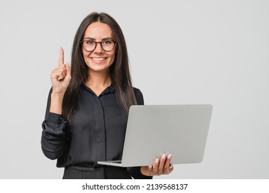 Smart caucasian young confident businesswoman ceo manager bank employee worker boss having idea startup holding laptop for remote work, watching webinars online, multitasking isolated in white
