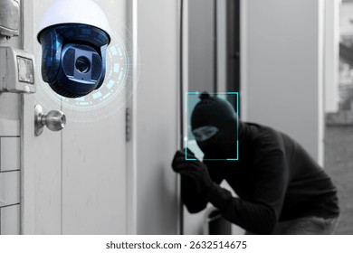 A smart CCTV security camera with AI facial detection capturing a masked thief attempting to break into a building. Concept of home protection, surveillance technology, and crime prevention system.
