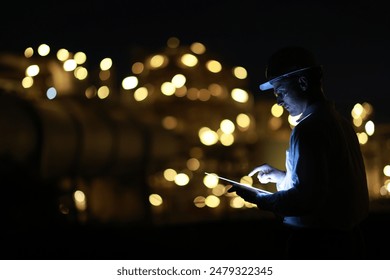 A smart chemical engineer using a digital tablet working late at night with a refinery plant in the background.Engineer working on outdoor building site at night. Engineers working late in power plant - Powered by Shutterstock