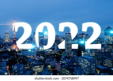 Smart City 2022. Business Office Building At Tokyo Night City Background, Internet, Global Communication, Cyber Tech, Speed Internet, Networking, New Year, Network Connection Technology Concept