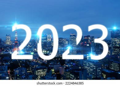 Smart City 2023. business office building at night city background, internet global communication, business strategy, cyber tech, speed internet, new year, network connection technology concept - Shutterstock ID 2224846385