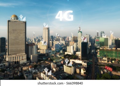 Smart city and 4G signal communication network, business district with office building, abstract image visual, internet of things concept