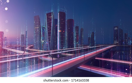 Smart City And Abstract Dot Point Connect With Line Design ,big Data Connection Technology Concept .Blur Effect Is Applied.