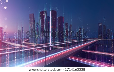 Smart city and abstract dot point connect with line design ,big data connection technology concept .Blur effect is applied.