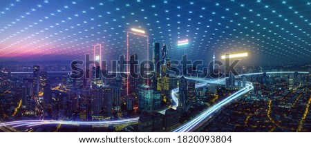 Photo of Smart city and abstract polygon pattern connection with speed line light, big data connection technology concept .