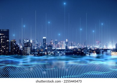 Smart city and big data connection technology concept with digital blue wavy wires with antennas on night megapolis city skyline background, double exposure - Shutterstock ID 2255445473