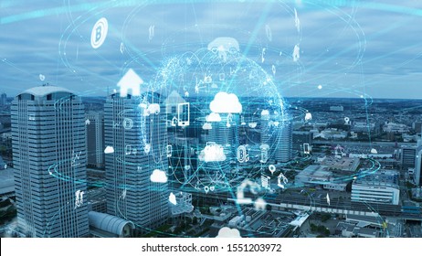 Smart city and communication network concept. IoT (Internet of Things). 5G. Wireless communication.