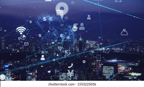 Smart city and communication network concept. 5G. LPWA (Low Power Wide Area). Wireless communication. - Shutterstock ID 1553225036