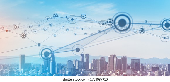 Smart city and communication network concept. 5G. IoT (Internet of Things). Telecommunication.