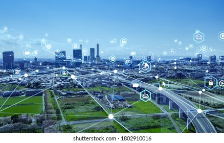 Smart city and communication network concept. 5G. IoT (Internet of Things). Telecommunication.