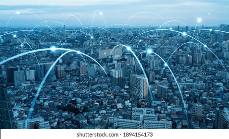 Smart city and communication network concept. 5G. IoT (Internet of Things). Telecommunication.