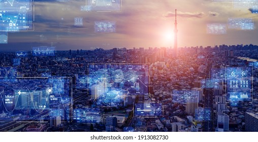 Smart city and communication network concept. 5G. LPWA (Low Power Wide Area). Wireless communication.