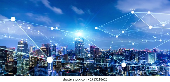 Smart city and communication network concept. 5G. LPWA (Low Power Wide Area). Wireless communication. - Shutterstock ID 1913118628