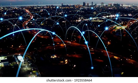 Smart city and communication network concept. 5G. LPWA (Low Power Wide Area). Wireless communication.