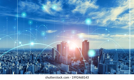 Smart city and communication network concept. 5G. IoT (Internet of Things). Telecommunication. - Powered by Shutterstock - Get 15% off with code: PIKWIZARD15