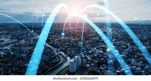 Smart city and communication network concept. 5G. LPWA (Low Power Wide Area). Wireless communication.