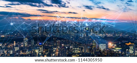 Smart city and communication network concept. IoT(Internet of Things). ICT(Information Communication Network).