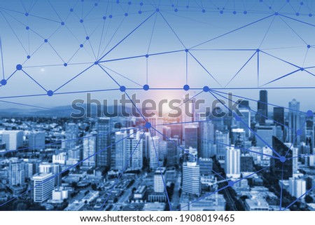 Smart city and communication network concept. 5G. IoT (Internet of Things). Telecommunication.