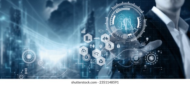 Smart city concept. Using data analytics and utilizing digital infrastructure to create efficient and sustainable solutions for transportation, energy, waste management, communication, 
 services. - Powered by Shutterstock - Get 15% off with code: PIKWIZARD15