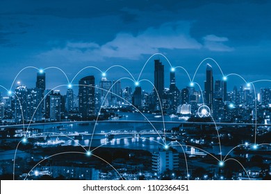 Smart City And Connection Lines. Internet Concept Of Global Business, Bangkok, Thailand.