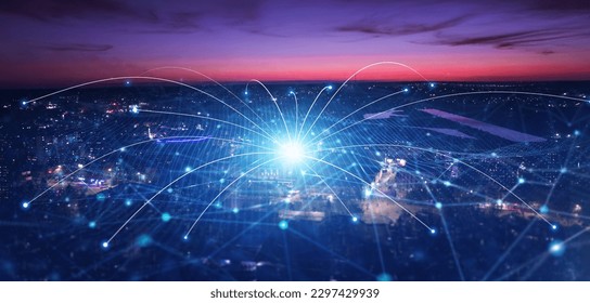 Smart city development concept.Modern big data connection technology is the future.Telecommunication and communication network on city.