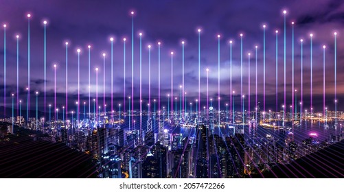 Smart city and digital transformation. Cityscape, telecommunication  and communication network concept.
					Big data connection technology.
					De-focused. 
