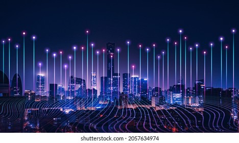 Smart city and digital transformation.  Cityscape, telecommunication  and communication network concept. Big data connection technology.
De-focused background.