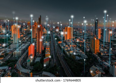 Smart City And Dot Point Connect Modern Telecom System ,Boundless Connection Technology Concept.