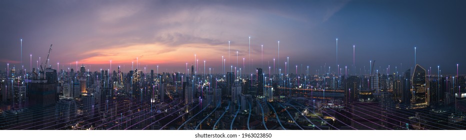 Smart City Dot Point Connect With Gradient Line, Connection Technology Metaverse Concept. Bangkok, Thailand Night City Banner With Big Data. 