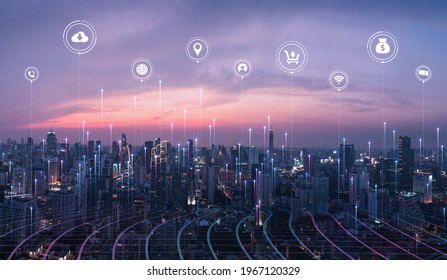 Smart city dot point connect with gradient grid line, internet of things connection technology metaverse icon concept. Night city with big data. 