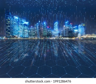 Smart City Dot Point Connect With Gradient Grid Line, Connection Technology Metaverse Concept. Night City Banner With Big Data. 