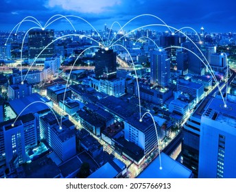 Smart City Dot Point Connect All Around, Connection Technology Concept. Bangkok City Background At Night With Big Data In The World, Top View. 