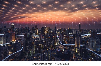Smart city dot point connect with gradient line, connection technology metaverse concept. Bangkok, Thailand night city banner with big data.  - Shutterstock ID 2165586893