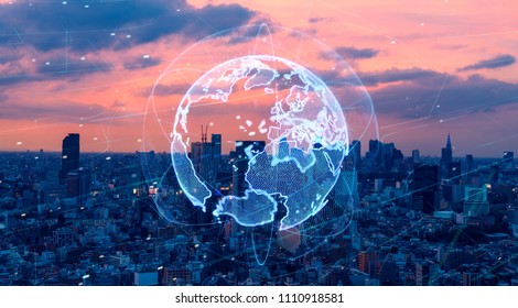 Smart city and global network concept. IoT(Internet of Things). ICT(Information Communication Technology).