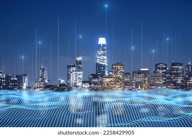 Smart city, high speed internet and big data connection technology concept digital graphic wire waves on night city skyscrapers skyline background, double exposure - Powered by Shutterstock