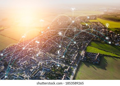 Smart city, internet of thing hosing urban masterplan sunset big data network connections - Shutterstock ID 1853589265