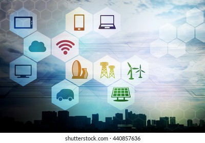 Smart City And Internet Of Things, Renewable Energy, Environment Concept Image, Smart Grid, Abstract Background Visual