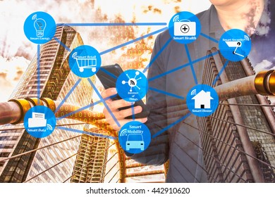 The smart city with internet of things technology concept. Smart city wireless network against double exposure of man using smart phone and city infrastructure with binary code background.