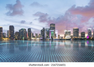 Smart city, IOT and wireless connection concept with abstract digital dotted waves cover river on night megapolis city background