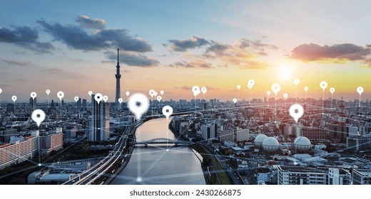 Smart city and location information concept. GPS. Digital transformation.
