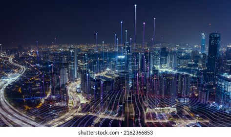 Smart city with particle glowing light connection design, big data connection technology concept. - Shutterstock ID 2162366853