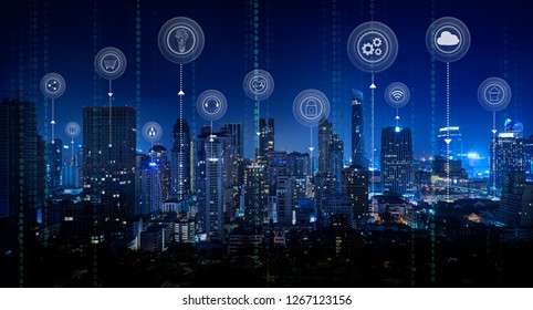 Smart city with smart services and icons, internet of things, networks and augmented reality concept ,Bangkok city night scene. - Powered by Shutterstock